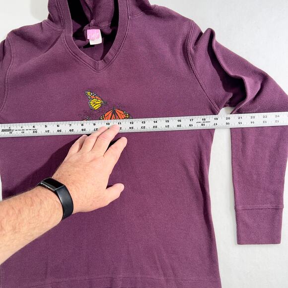 Waffle Weave Hoodie LAT Woman's M Purple w/ Butterfly Print On Front - Picture 6 of 10